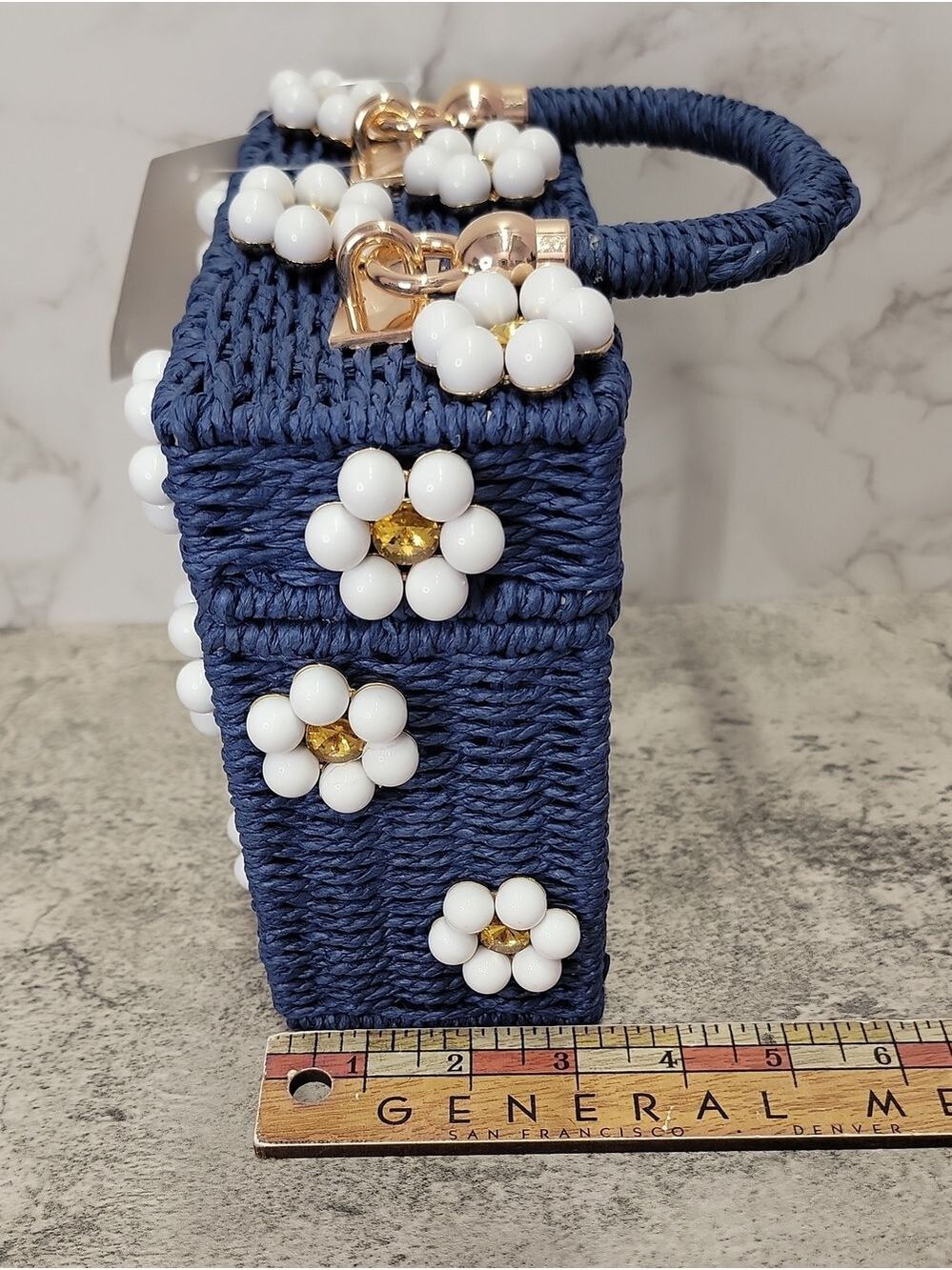 Daisy Embellished Straw Bucket Bag | Rattan Flower Box Purse by Jenna Lee - Picture 11 of 12